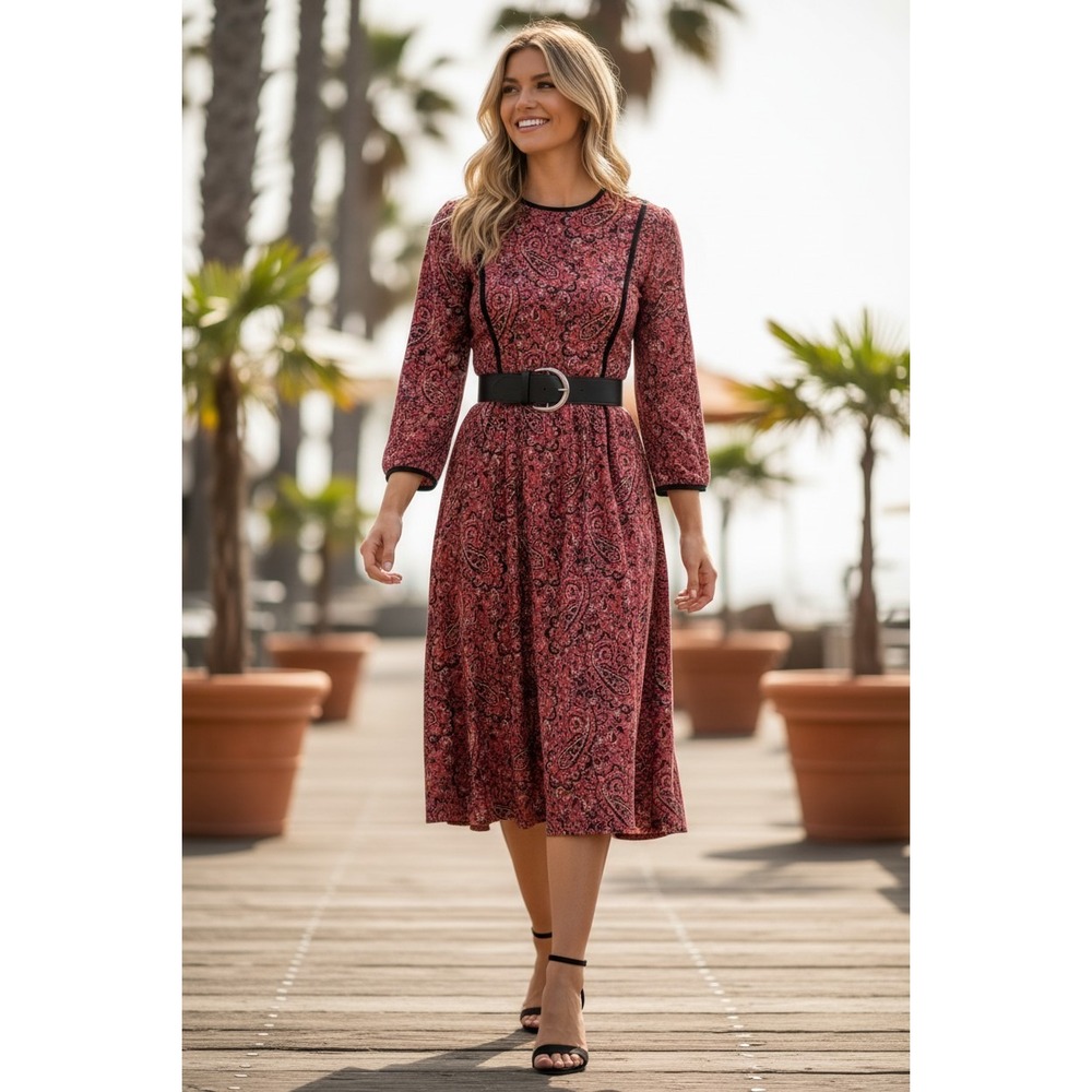 CALIFORNIA GIRL Vintage 80s Red Paisley Midi Dress Fits S M‎ Rayon Boho Made USA